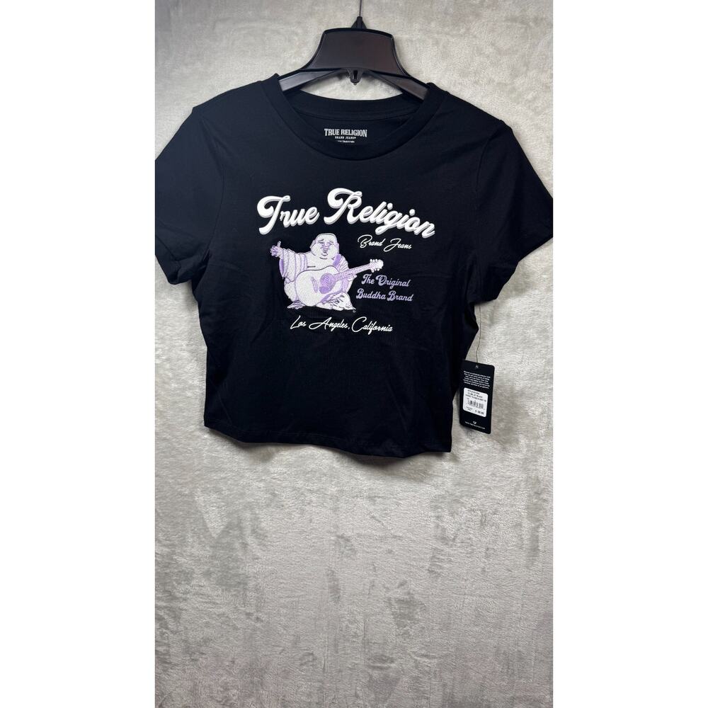 True Religion NEW Womens Top Lg Black Buddha Baby Tee Embroidered Cropped Logo